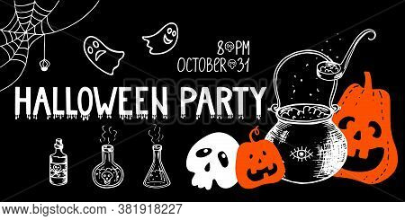 Horizontal Halloween Party Web Banner. Header Featuring Hand Drawn Orange Pumpkins Witchs Cauldron P