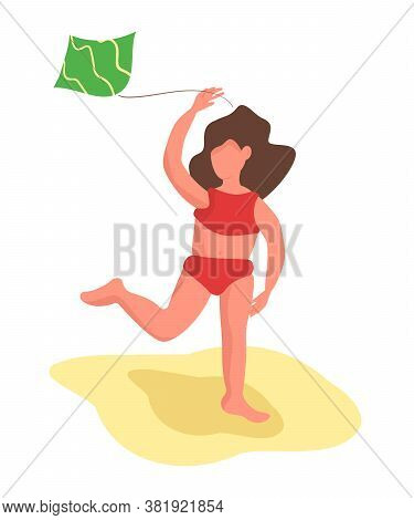 Little Happy Girl Flying A Kite On The Beach. Stock Vector Flat Color Illustration With Faceless Fem