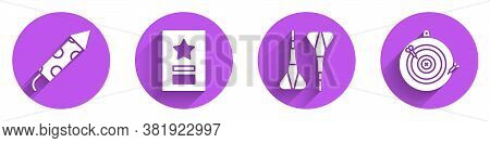 Set Firework Rocket, Greeting Card, Dart Arrow And Classic Dart Board And Arrow Icon With Long Shado