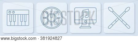 Set Line Music Synthesizer, Computer With Music Note, Dial Knob Level Technology Settings And Drum S