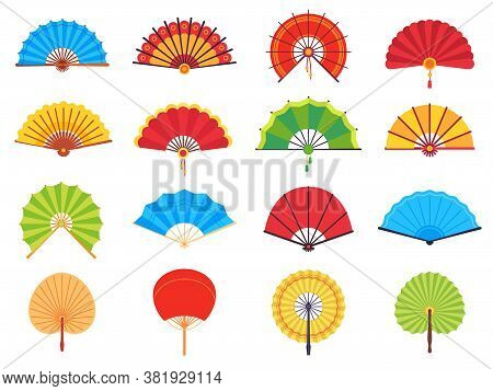 Handheld Fan. Chinese Or Japanese Paper Ancient Traditional Fans, Personal Accessories And Souvenirs