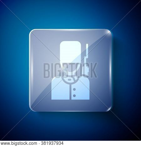 White British Guardsman With Bearskin Hat Marching Icon Isolated On Blue Background. Square Glass Pa