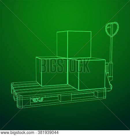 Hand Pallet Jack Lift With Pallet And Stacked Goods Cardboard Boxes. Manual Forklift. Logistics Ship