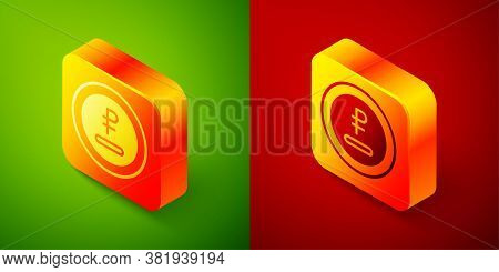 Isometric Rouble, Ruble Currency Coin Icon Isolated On Green And Red Background. Russian Symbol. Squ
