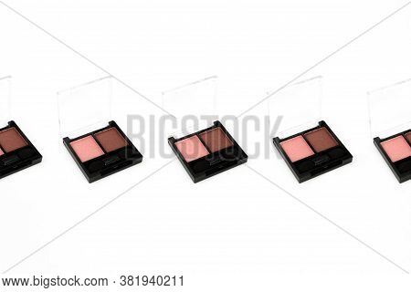 Pink Eyeshadows Collage Seamless Pattern. Eyes Makeup Professional Products Flat Lay Isolated On Whi