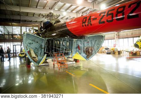 Tyumen, Russia - June 19, 2019: Aircraft Repair Helicopter Utair Engineering Plant. Mi-8 Helicopter 