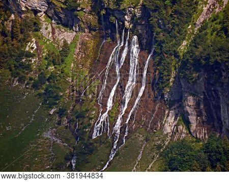 Source And Waterfall Of The Left Tributary Of The River Gäntelwasser In The Alpine Valley Gäntel And