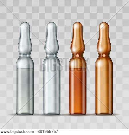 Empty Transparent Glass Ampule And Ampule With Vaccine Or Drug For Medical Treatment.