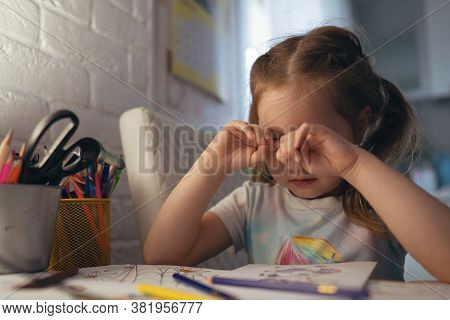 Cute Little Girl Coloring Pictures, Rubs Her Eyes. Tired Eyes, Conjunctivitis, Feeling Of Sand In Th
