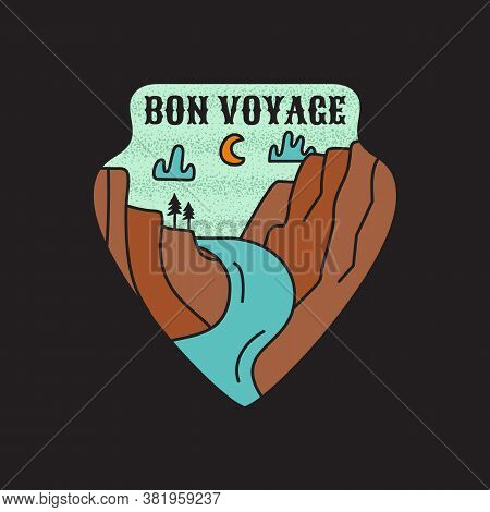 Vintage Camping Adventure Badge Illustration Design. Outdoor Logo With Mountain River Valley And Quo