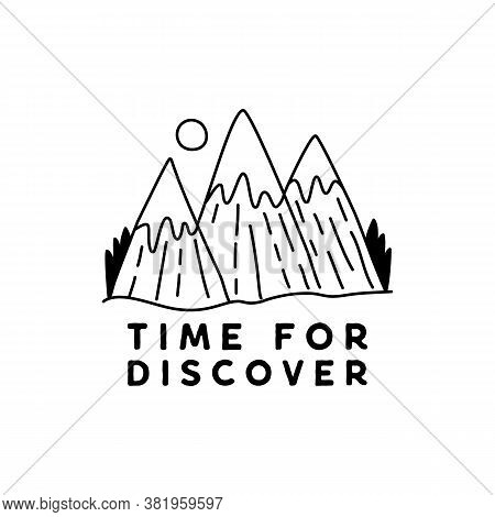 Vintage Simple Camp Logo Design. Outdoor Adventure Mountain Line Art Scene, Landscape. Silhouette Li