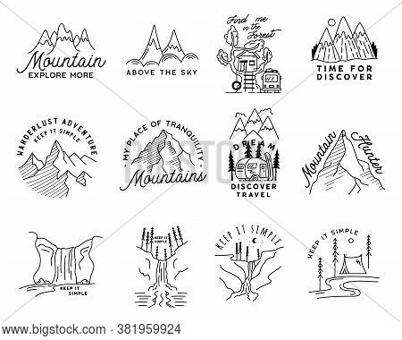 Vintage Simple Camp Logo Designs Set. Outdoor Adventure Line Art Scenes, Hiking Landscapes Bundle. S