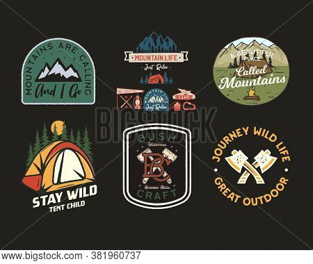 Vintage Camp Patches Logos, Mountain Badges Set. Hand Drawn Stickers Designs Bundle. Travel Expediti