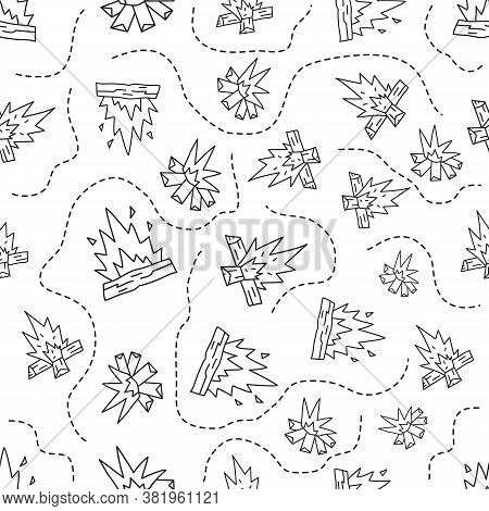 Vintage Hand Drawn Camping Seamless Pattern With Retro Camp Fires Elements. Adventure Silhouette Lin