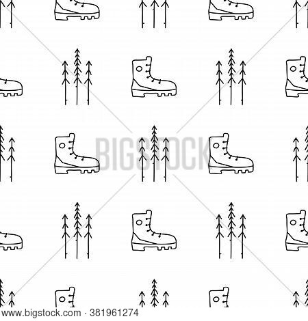 Vintage Hand Drawn Camping Seamless Pattern With Retro Camp Boots And Pine Trees Elements. Adventure