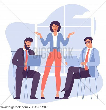 Two Young Man And Women Taking Part In Business Meeting, Negotiation, Brainstorming, Talking To Each
