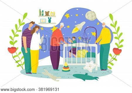Family Man Woman Kid Together At Home, Vector Illustration. Mother Father Son Peopler Character In R