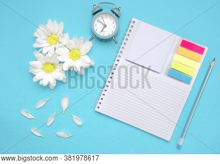 Square White Frame With White And Red Flowers And Blue Alarm Click On Blue Background. View Top. Che
