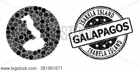 Vector Mosaic Map Of Galapagos - Isabela Island With Spheric Dots, And Grey Watermark Seal Stamp. St