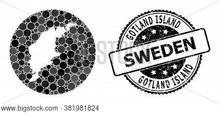 Vector Mosaic Map Of Gotland Island Of Circle Dots, And Grey Scratched Stamp. Hole Circle Map Of Got