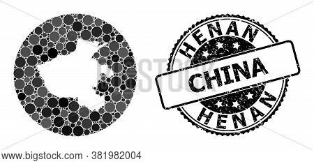 Vector Mosaic Map Of Henan Province With Circle Spots, And Gray Grunge Seal. Hole Circle Map Of Hena