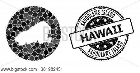 Vector Mosaic Map Of Kahoolawe Island With Round Blots, And Grey Grunge Seal. Subtraction Circle Map