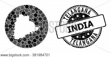 Vector Mosaic Map Of Telangana State With Circle Dots, And Gray Rubber Seal. Stencil Round Map Of Te