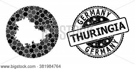 Vector Mosaic Map Of Thuringia State With Circle Elements, And Grey Watermark Seal Stamp. Stencil Ro