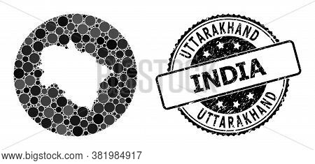 Vector Mosaic Map Of Uttarakhand State Of Circle Dots, And Grey Watermark Seal. Stencil Round Map Of