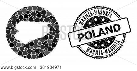 Vector Mosaic Map Of Warmia-masuria Province With Round Elements, And Gray Grunge Stamp. Stencil Rou