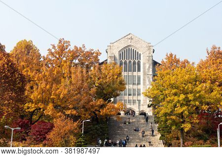 Seoul, South Korea, November 6, 2018, Student And Traveler Walk At Welch -ryang Auditorium During Au