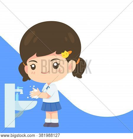 Cute Girl In Student Uniform Washing Hand