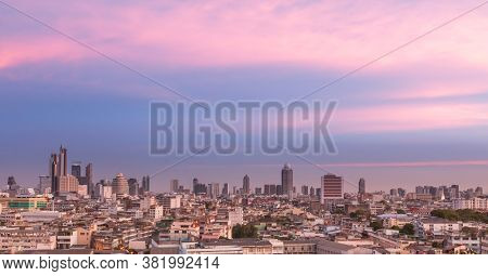 Aerial View Of Bangkok, Bangkok City Downtown With Sunset Sky, Saw The Small Buildings And The Tall 