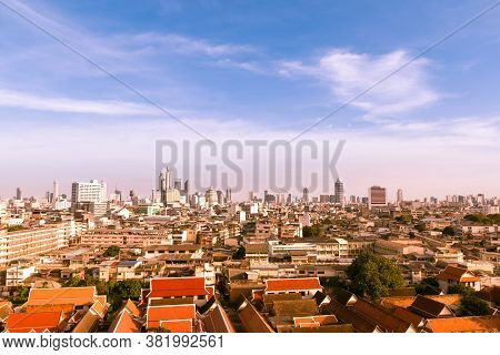 Aerial View Of Bangkok, Bangkok City Downtown With Clear Sky, Saw The Small Buildings And The Tall B