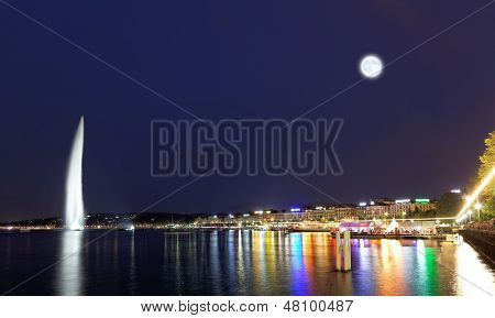 Geneva Water Jet On Lake Leman At Night