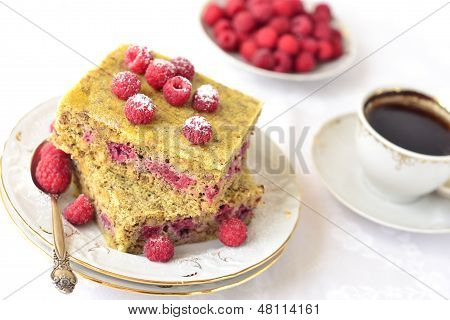 Dampet budding kage med hindbær og kaffe på en hvid baggrund