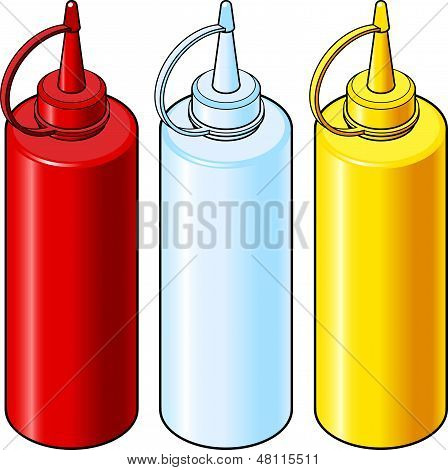 Isometrisk vektor Illustration af Ketchup, eddike og sennep flasker