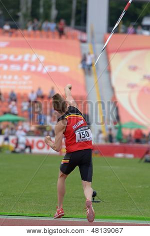 DONETSK, UKRAINE - JULY 11: Tobias Capiau of Belgium in the semi-final of javelin throw competition in Octathlon during 8th IAAF World Youth Championships in Donetsk, Ukraine on July 11, 2013