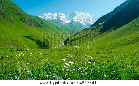 Valle del fiume Inguri vicino Ushguli, Svaneti, Georgia. Monte Shkhara sullo sfondo