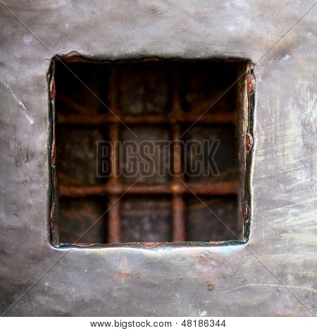 Cell Window With Stell Lattice In Gray Metal Wall