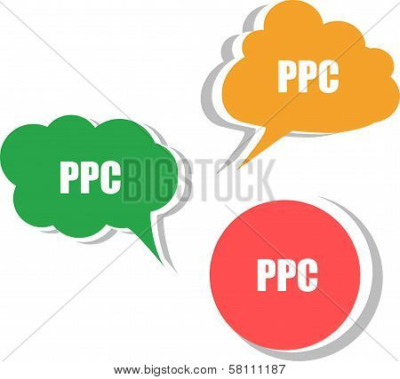 Ppc Word On Modern Banner Design Template. Set Of Stickers, Labels, Tags, Clouds