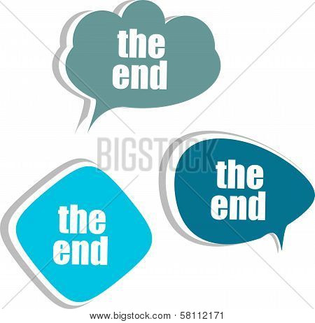 The End Words On Modern Banner Design Template. Set Of Stickers, Labels, Tags, Clouds
