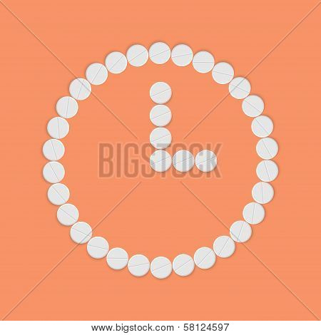 Clock Background Of Pills. Vector Illustration.