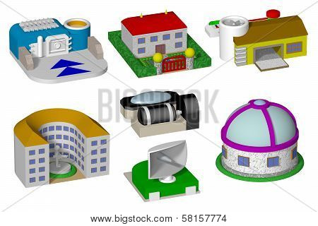 Toy buildings isolated on white background, rendered