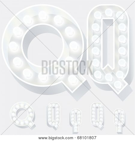 Vector illustration of unusual white lamp alphabet for light board. Letter q
