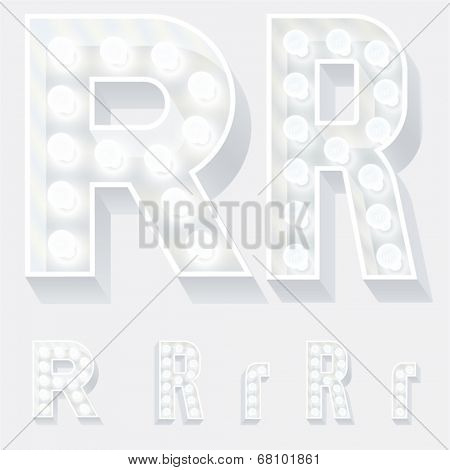 Vector illustration of unusual white lamp alphabet for light board. Letter r