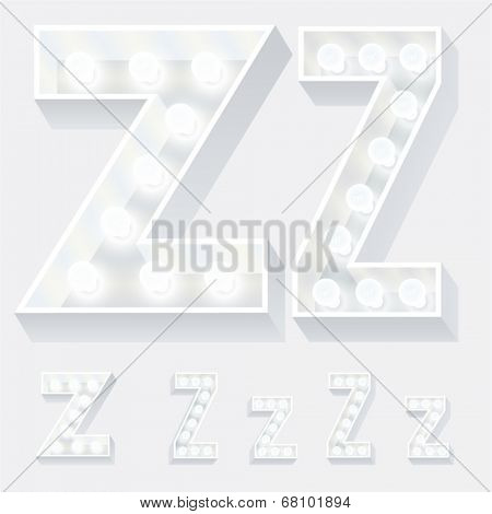 Vector illustration of unusual white lamp alphabet for light board. Letter z