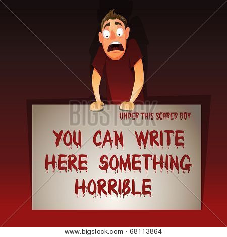 Scared boy with horror text