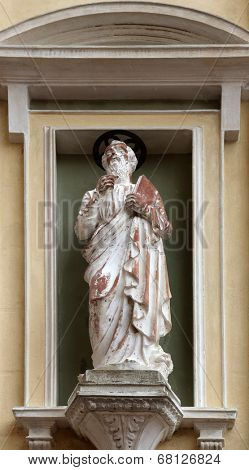 PORTOFERRAIO, ELBA, ITALY - MAY 03, 2014: St. Mark the Evangelist on the facade of the Church of Mercy in Portoferraio, Island of Elba, Tuscany, Italy on May 03, 2014 