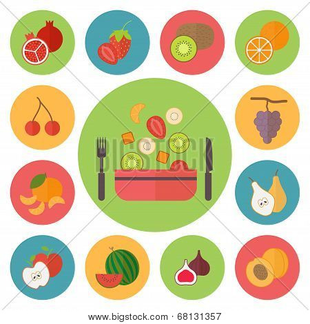 Fruit vector icons, food set for cooking, restaurant, menu, vegetables and vegetarian food. Flat des